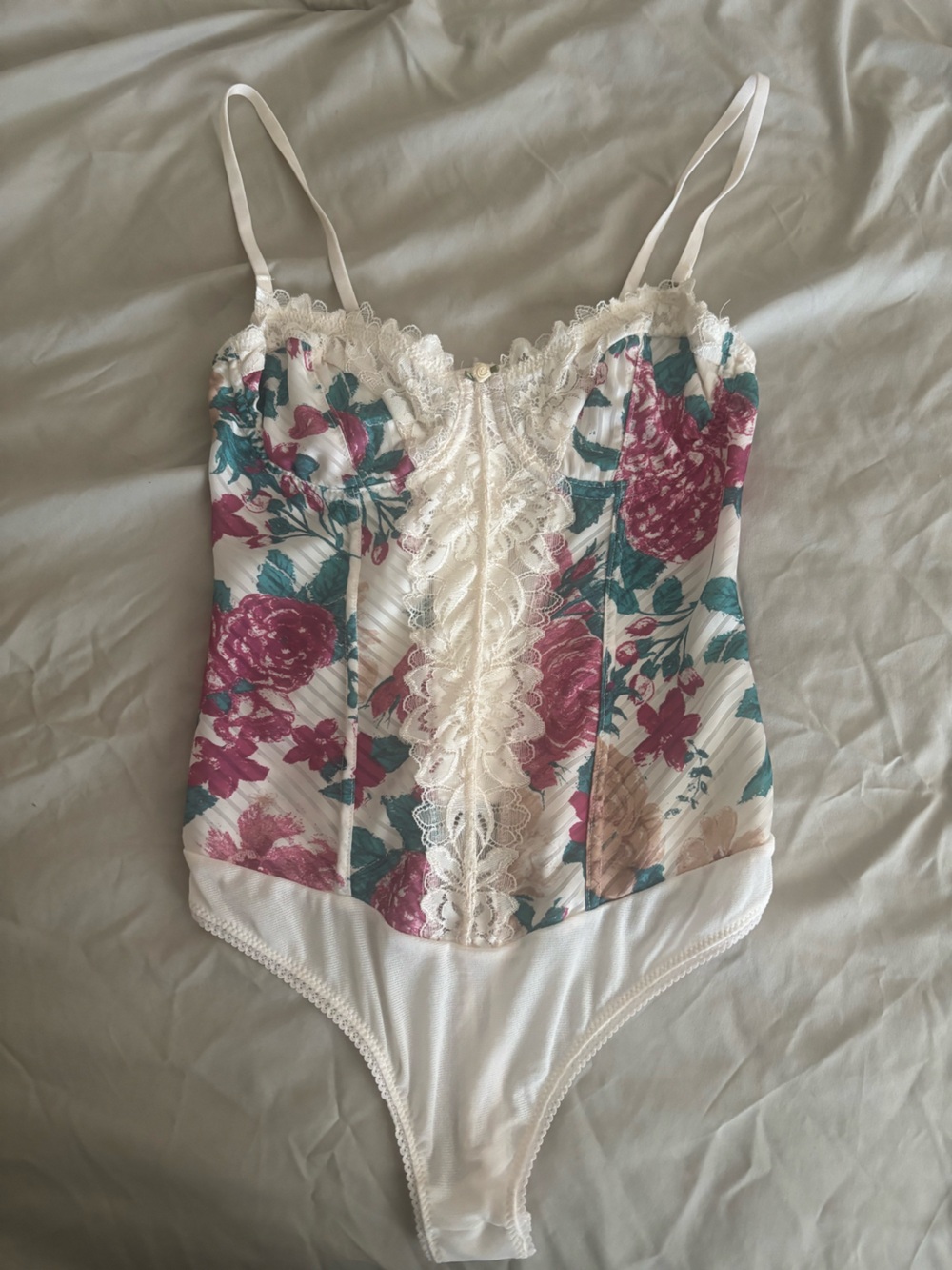 Free People Floral Lace Trim Bodysuit in White, Pink, Teal